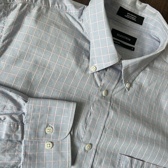 Nordstrom Classic Fit Button Down Shirt  Pink Blue Check‎ Large Men's - Picture 1 of 9